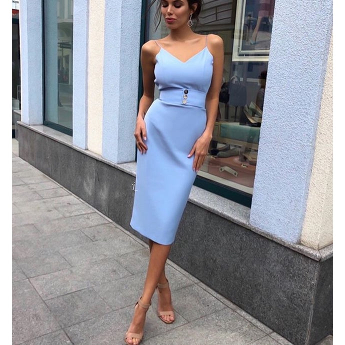 Sexy Light Blue Button Design Summer Dress 2019 Spaghetti Strap Slim Fit Party Dress Elegant Ladies Casual Midi Dresses Vestidos
