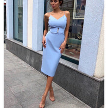 Load image into Gallery viewer, Sexy Light Blue Button Design Summer Dress 2019 Spaghetti Strap Slim Fit Party Dress Elegant Ladies Casual Midi Dresses Vestidos